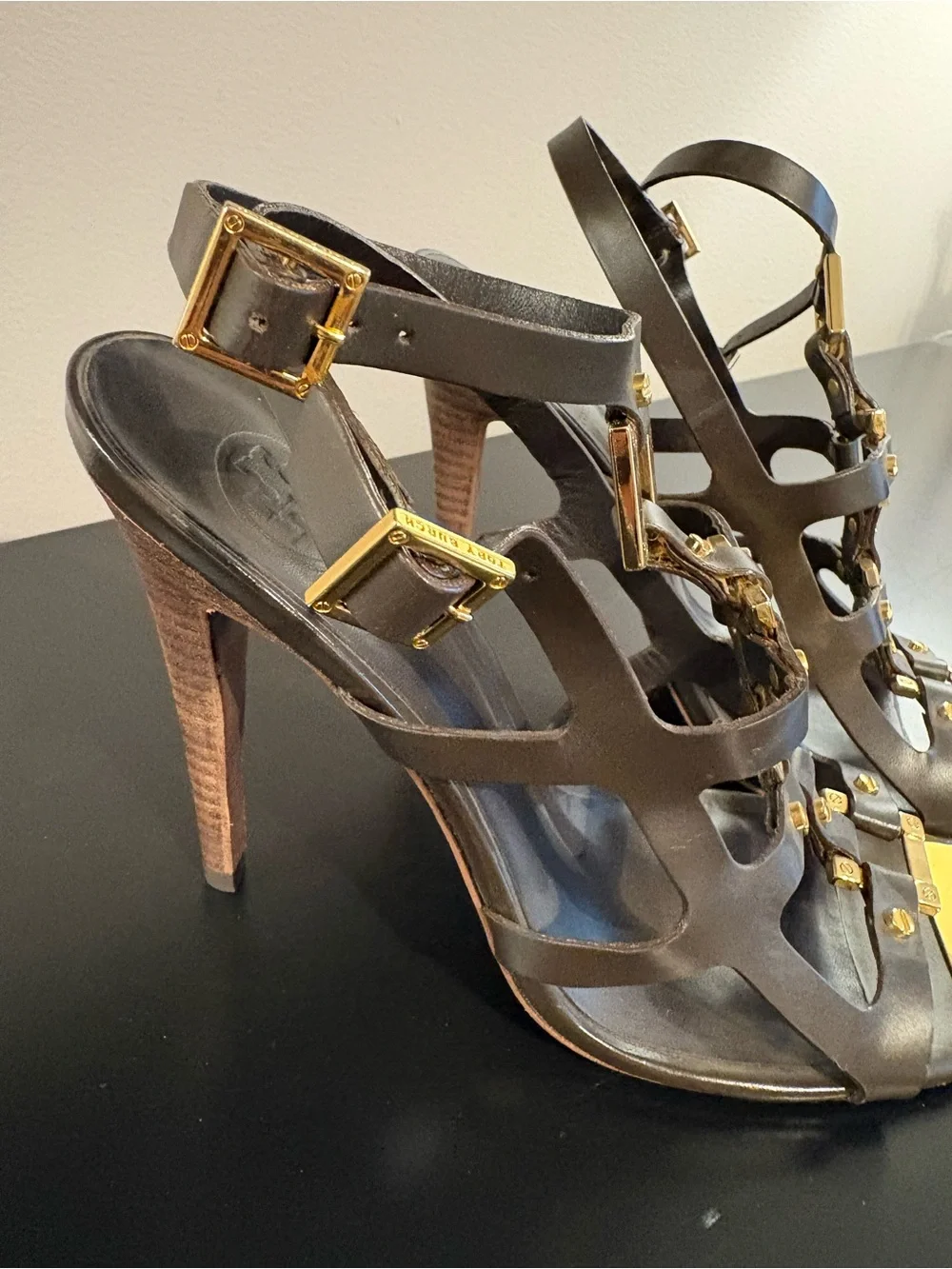 Tory Burch Black Leather Strappy Heels with Gold Hardware